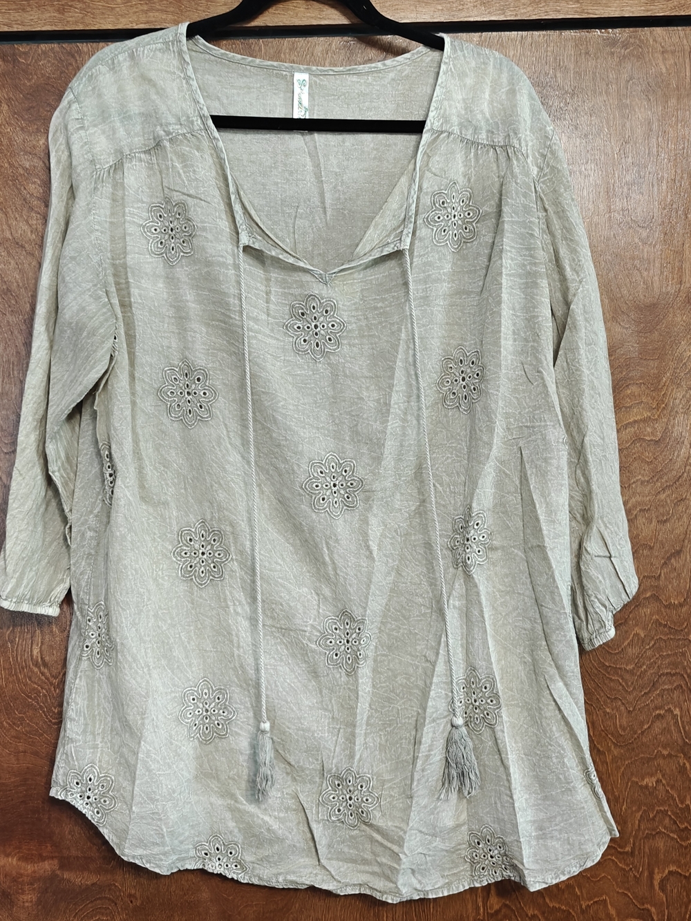 Shoreline Sage Green Embroidered V-Neck Tunic with Tassels